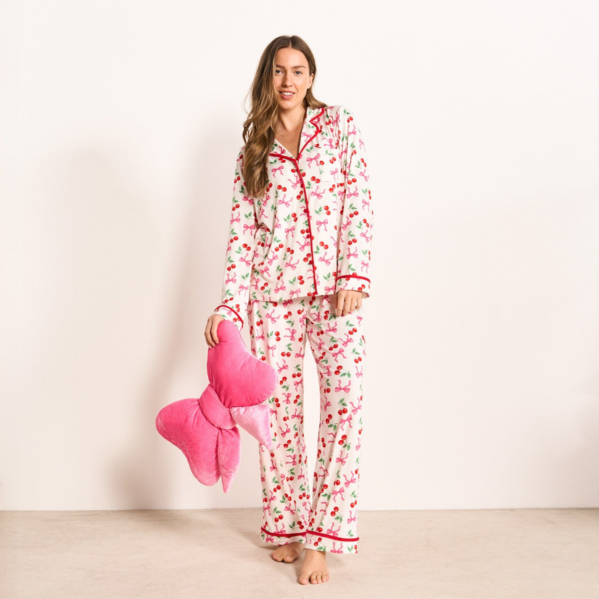Cherry Bow Print Piped Jersey Pyjama Set