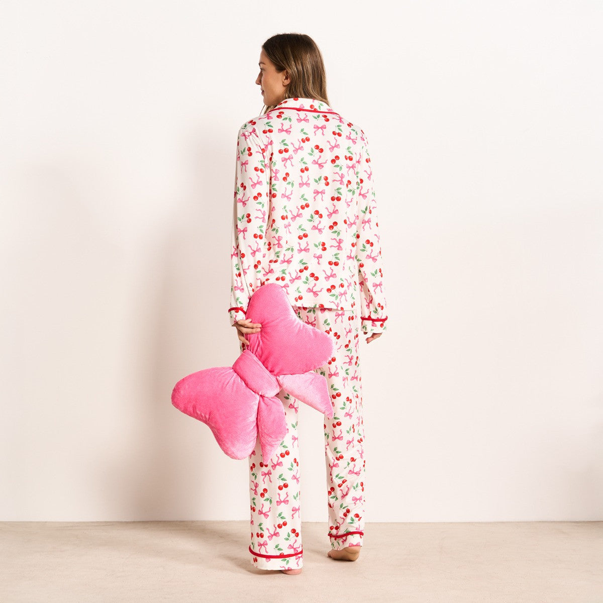 Cherry Bow Print Piped Jersey Pyjama Set