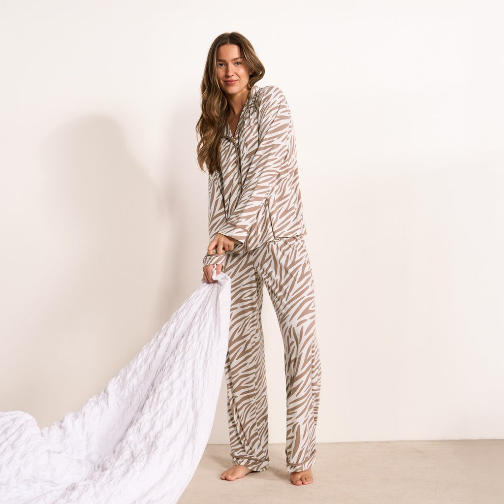 Zebra Print Piped Jersey Pyjama Set - Beige