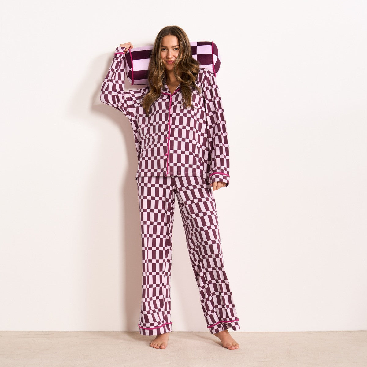 Check Print Piped Jersey Pyjama Set - Pink/Burgundy