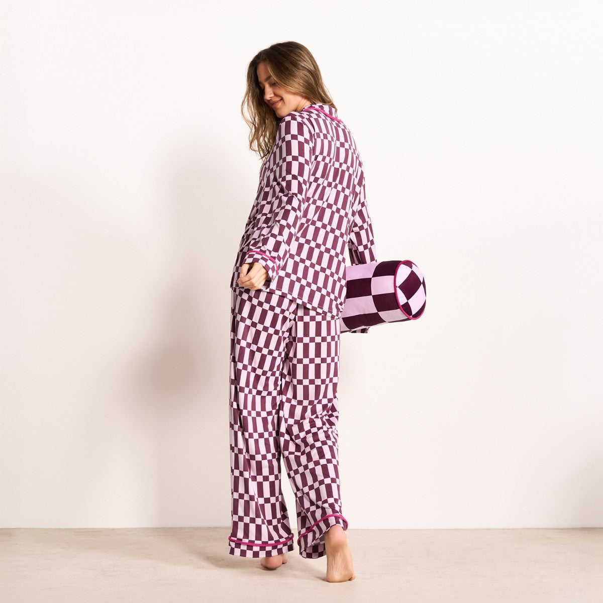 Check Print Piped Jersey Pyjama Set - Pink/Burgundy