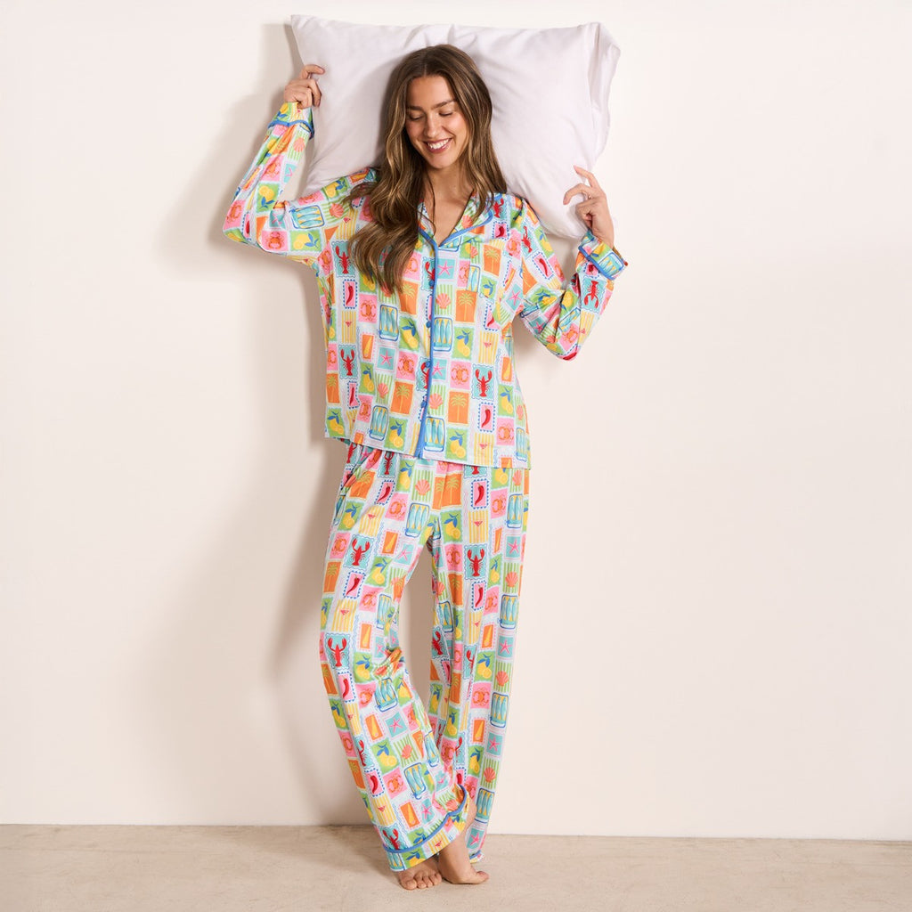 Postcard Print Piped Edge Jersey Pyjama Set - Blue
