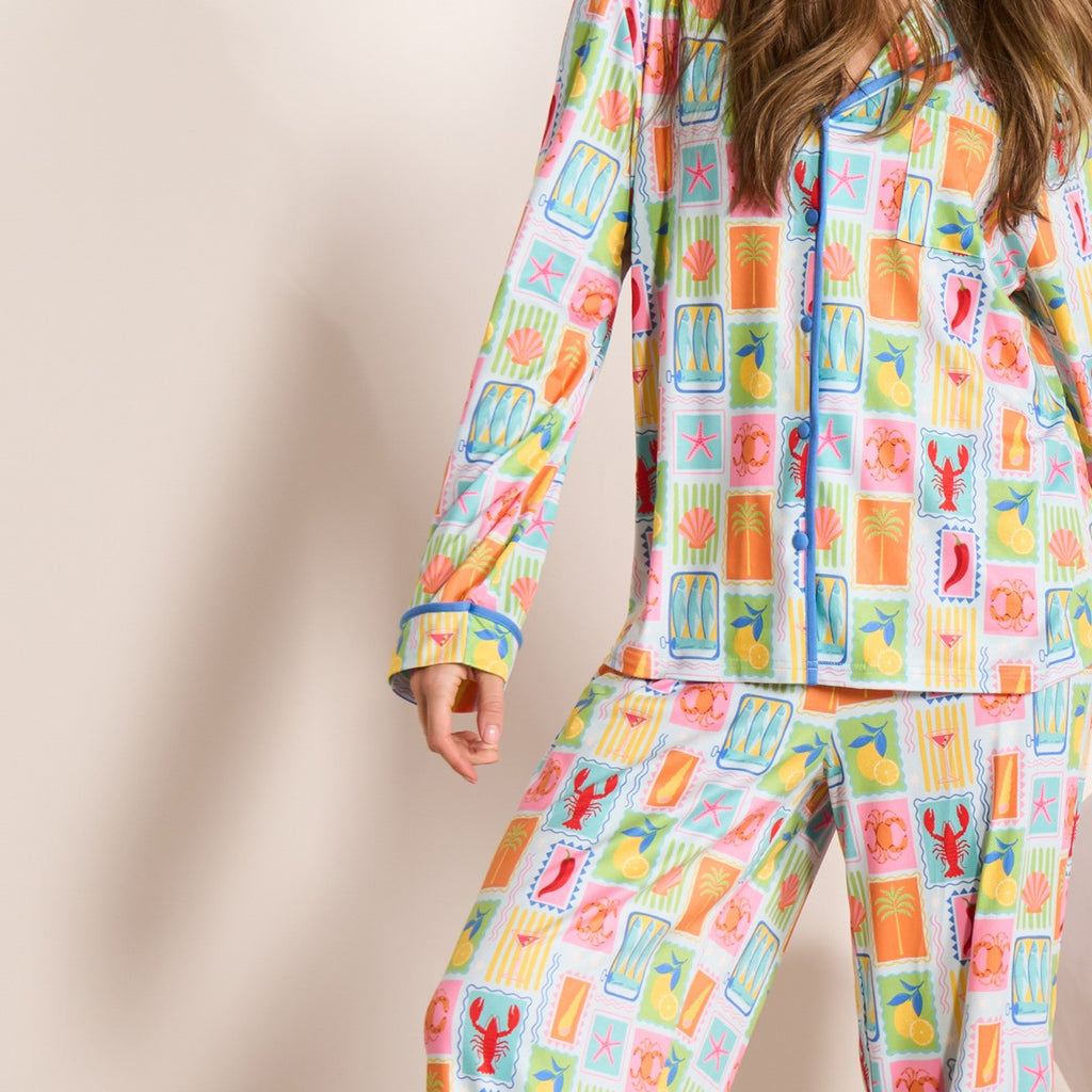 Postcard Print Piped Edge Jersey Pyjama Set - Blue
