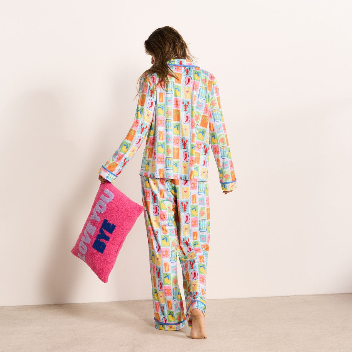 Postcard Print Piped Edge Jersey Pyjama Set - Blue