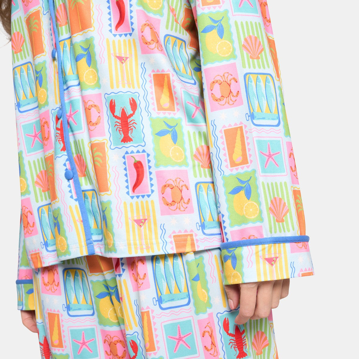 Postcard Print Piped Edge Jersey Pyjama Set - Blue