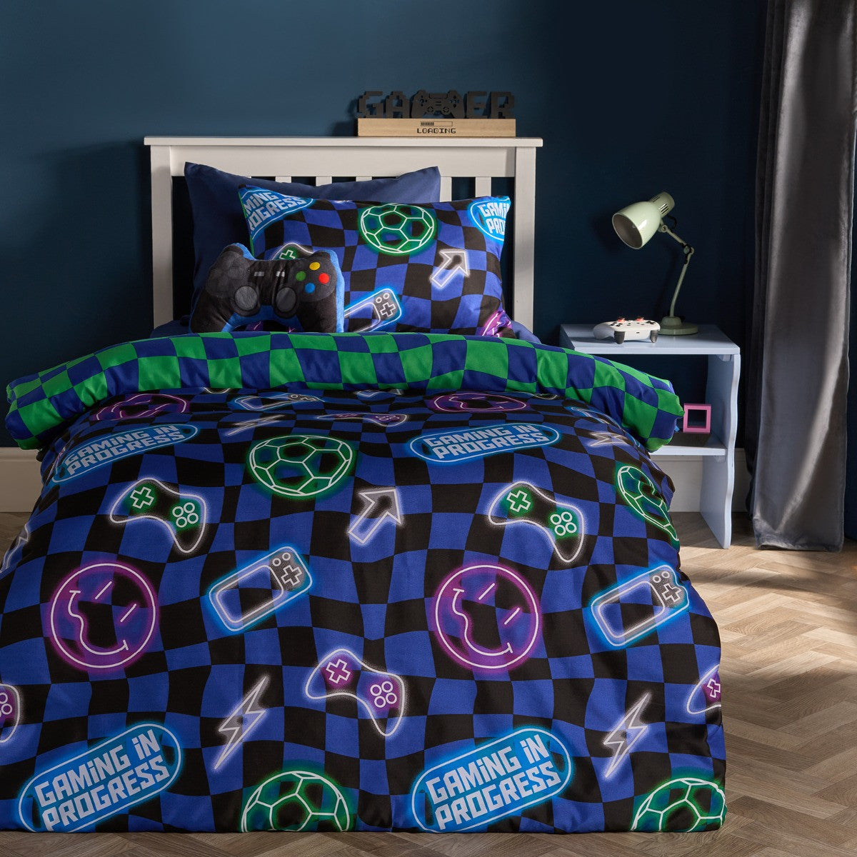 Neon Checkerboard Duvet Cover Set - Blue