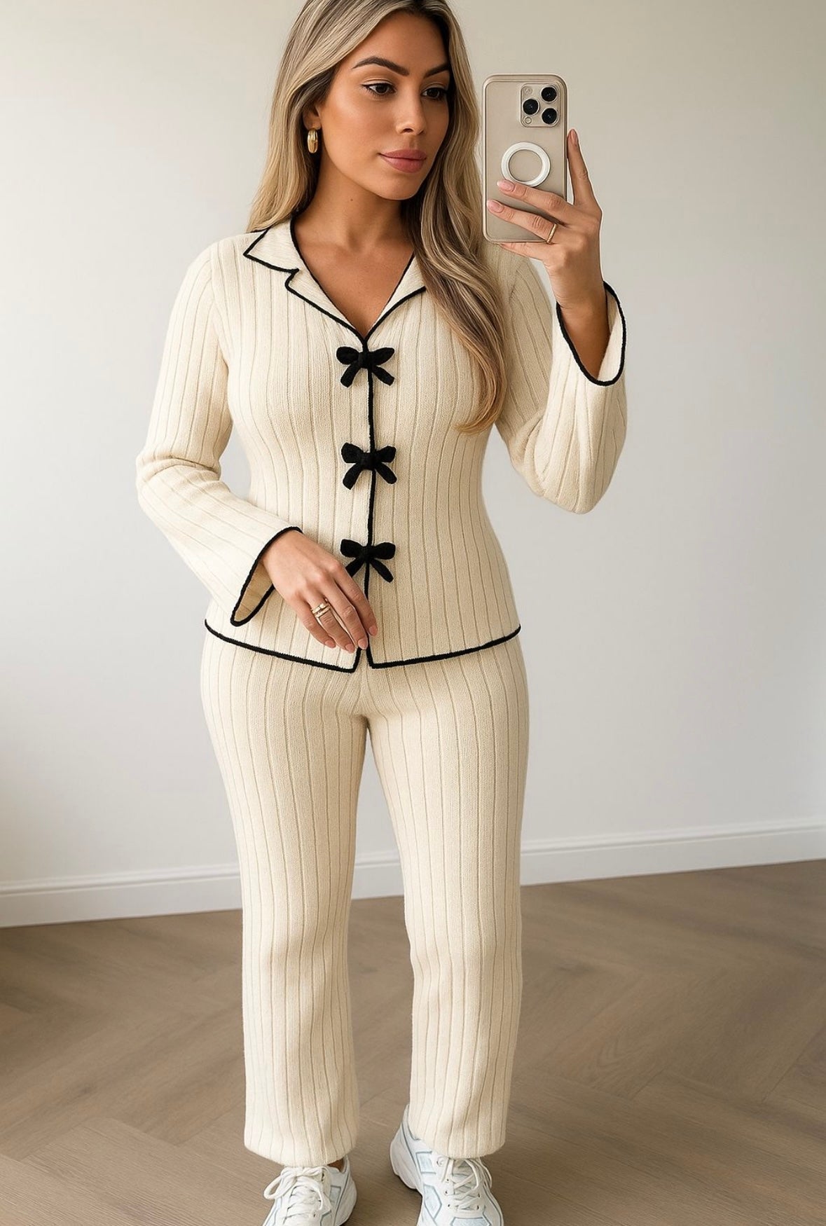 Knitted Bow-tied Ribbed Lounge Set Super Soft