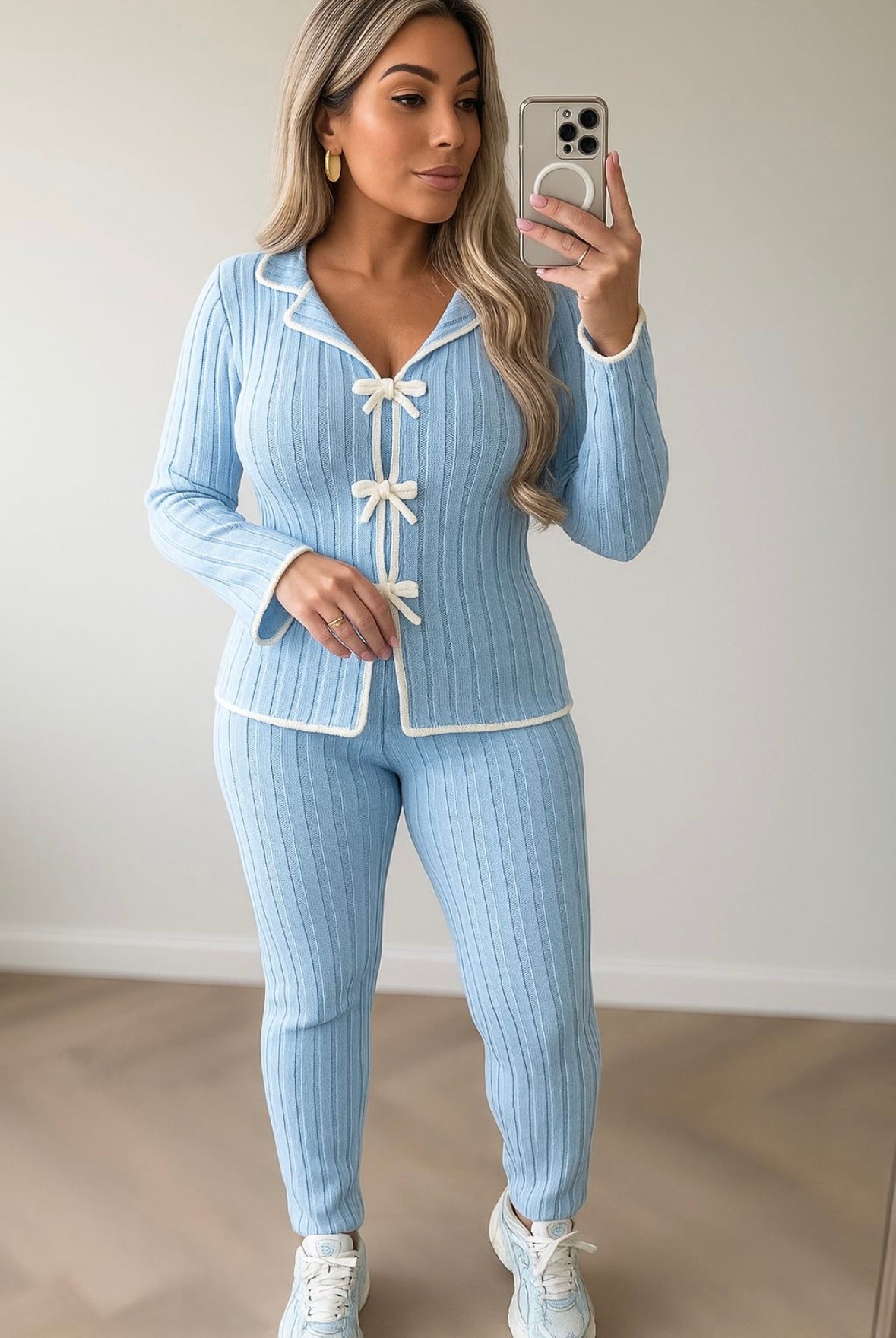 Knitted Bow-tied Ribbed Lounge Set Super Soft