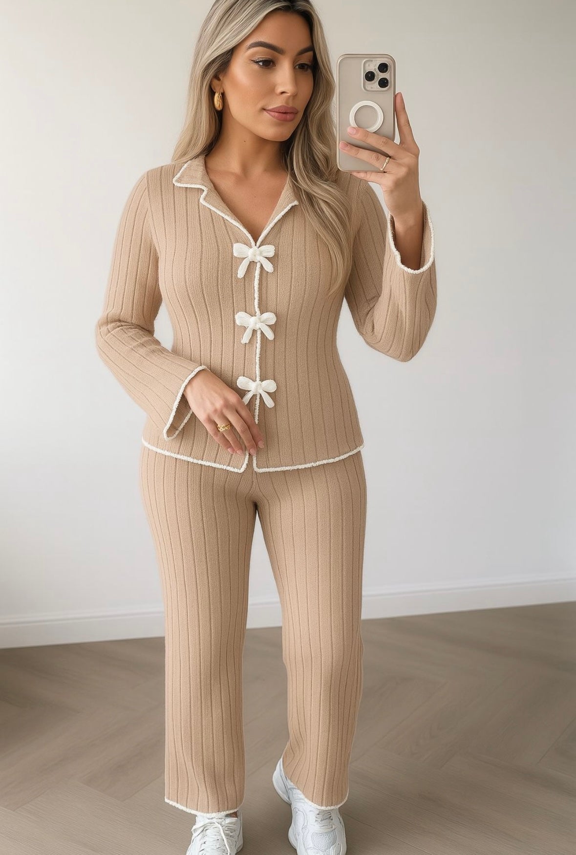 Knitted Bow-tied Ribbed Lounge Set Super Soft