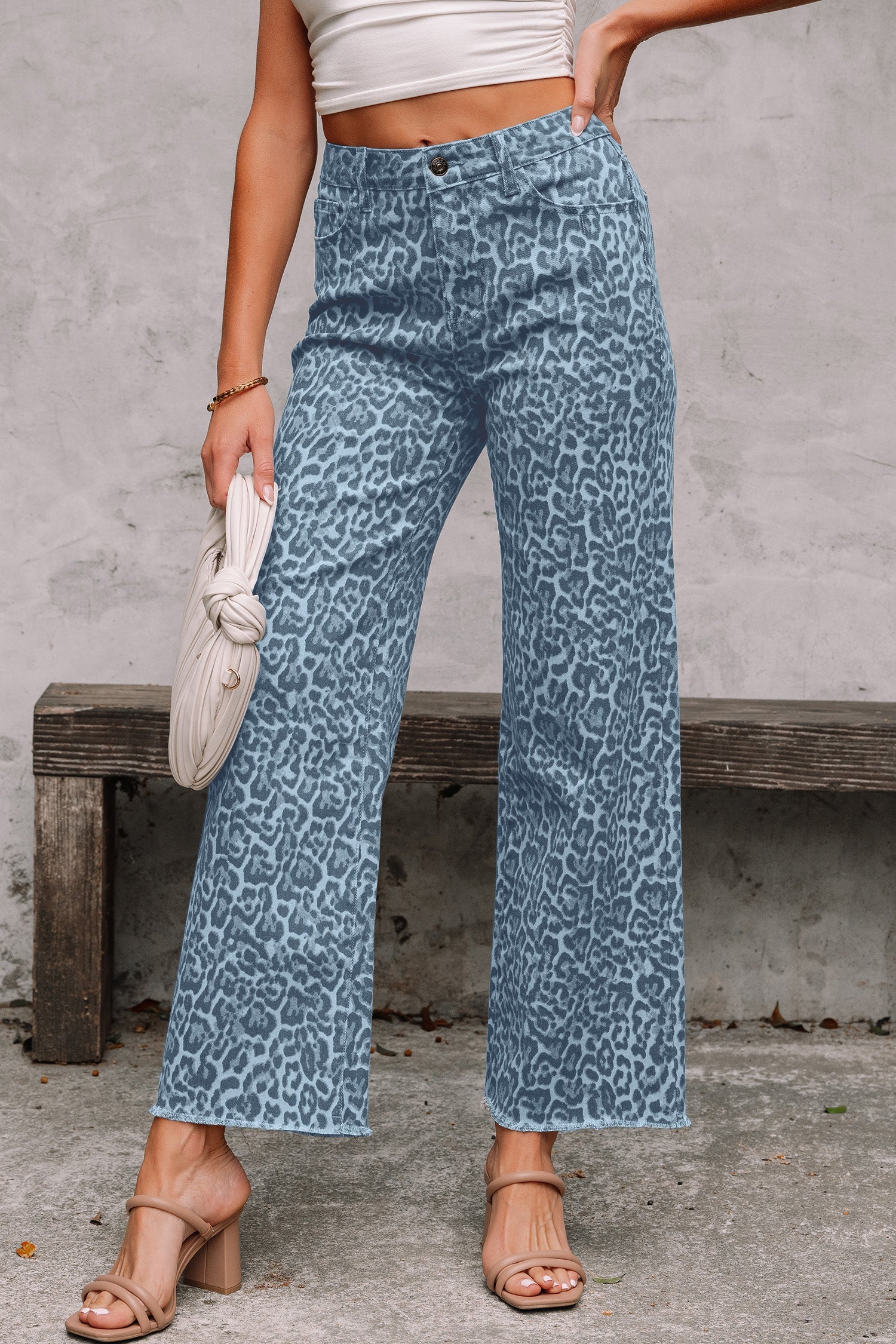 Leopard Frayed Edge Wide Leg High Waist Jeans
