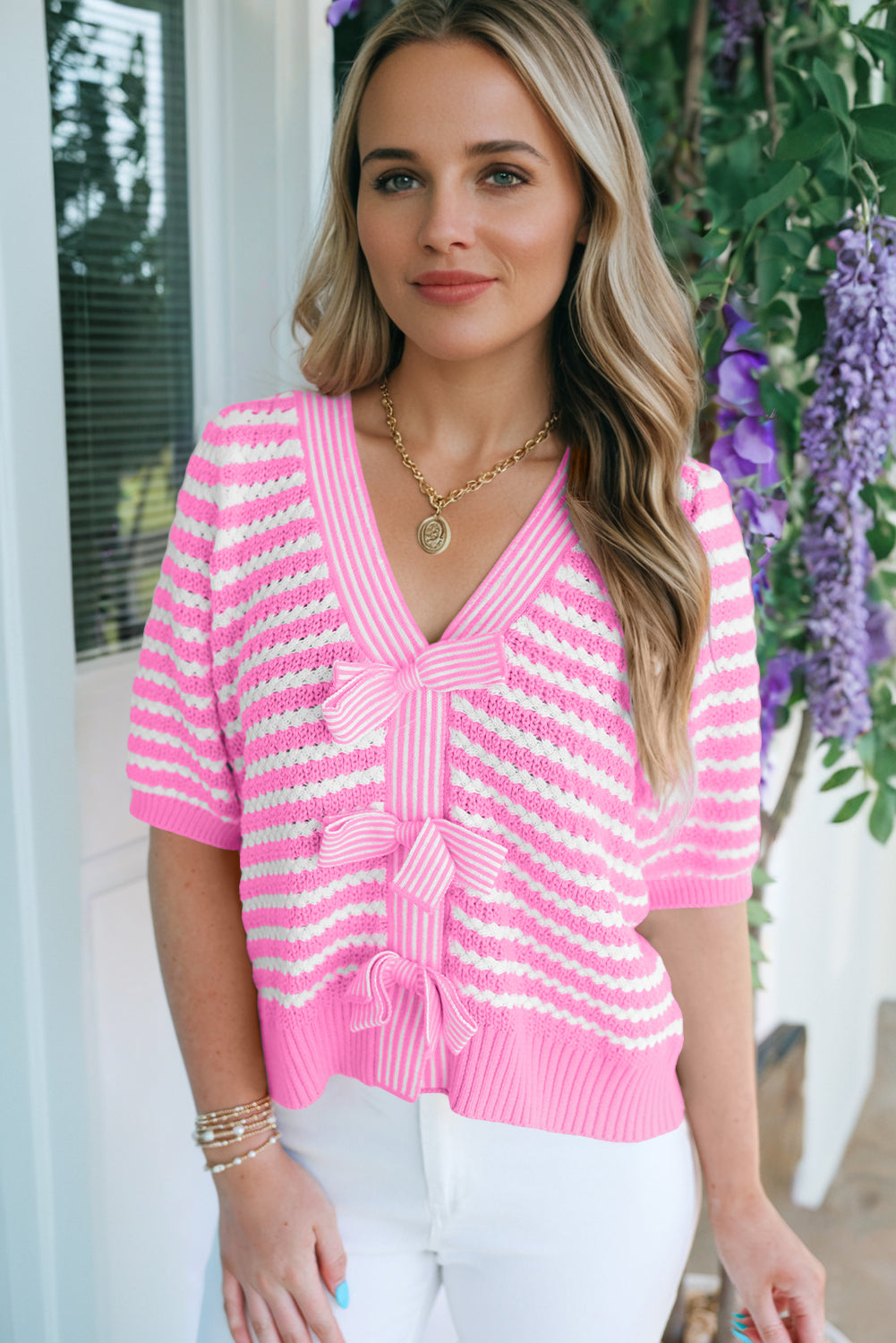 Stripe Short Sleeve Knit V-Neck Bow Knot Sweater