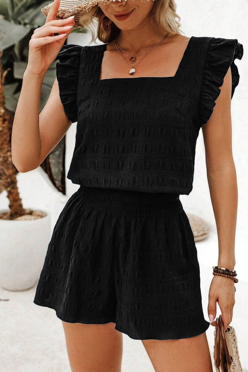 Textured Square Neck Top & Shirred High Waist Shorts Co-ord Set
