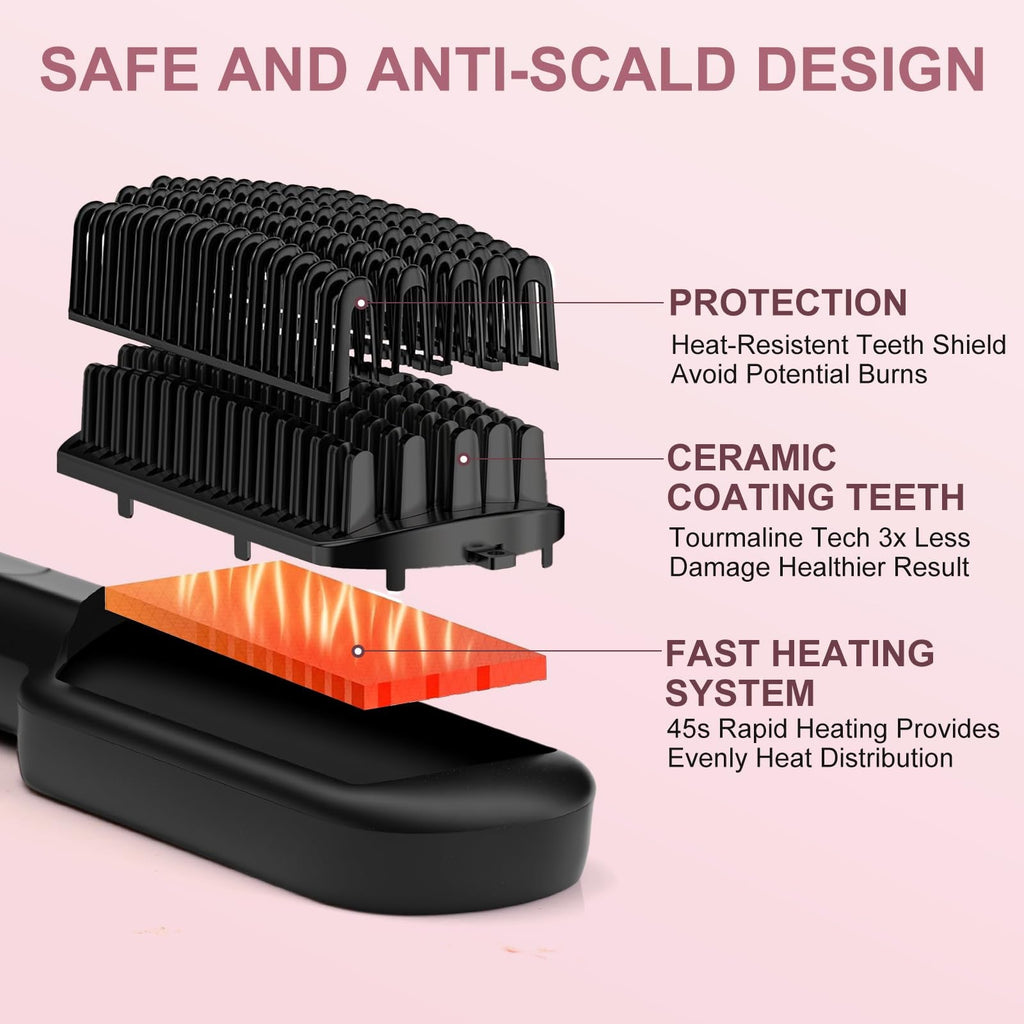 2 in 1 Ionic Hair Straightener Brush Ceramic Heating Comb Adjustable Temperature