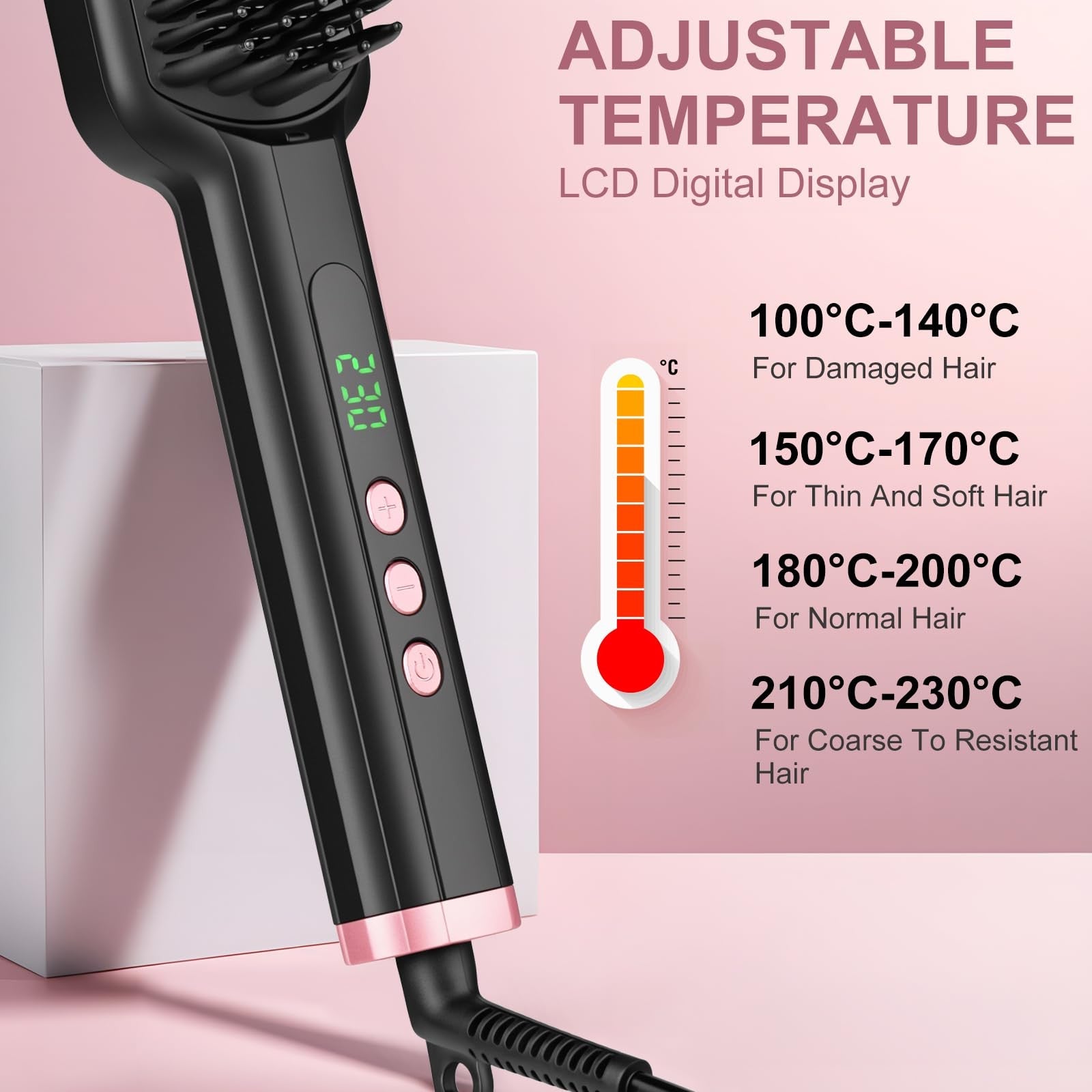 2 in 1 Ionic Hair Straightener Brush Ceramic Heating Comb Adjustable Temperature