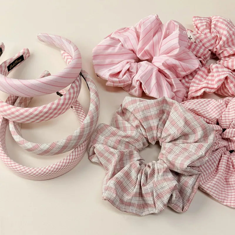 Sweet Pink Plaid Hair Band & Scrunchie Set