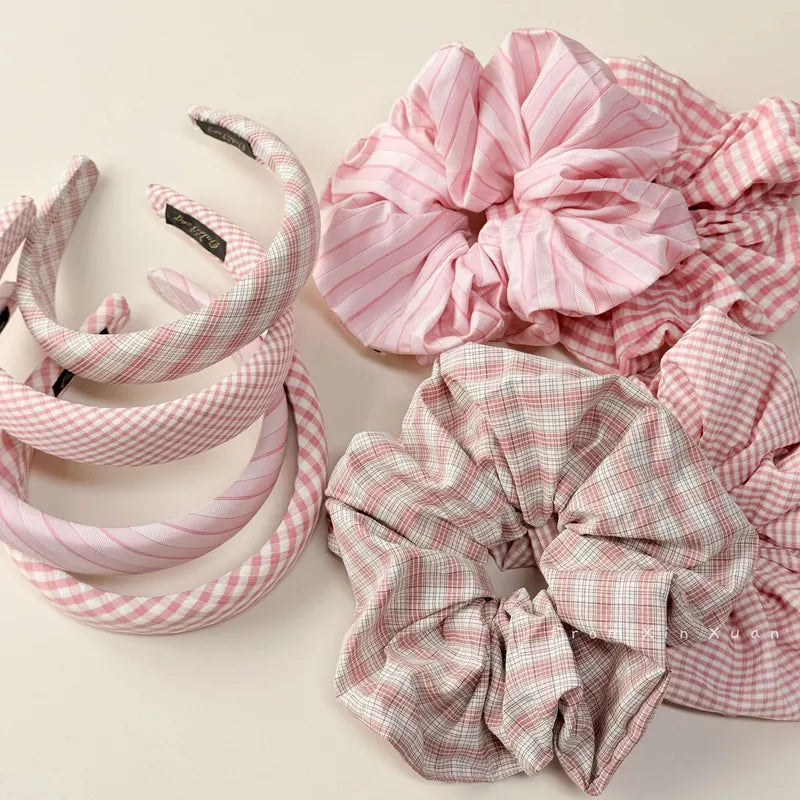 Sweet Pink Plaid Hair Band & Scrunchie Set