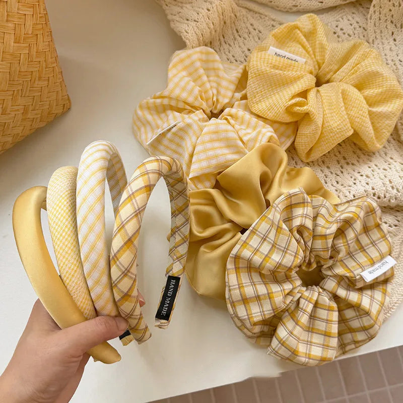 Sweet Yellow Plaid Hair Band & Scrunchie Set