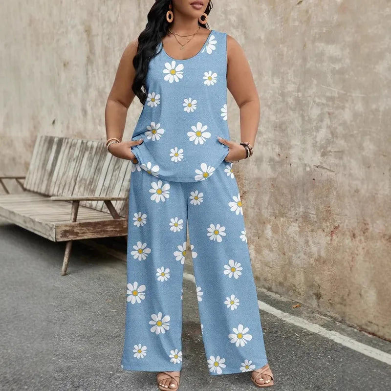 Casual Daisy Print Wide-Leg Pants Set