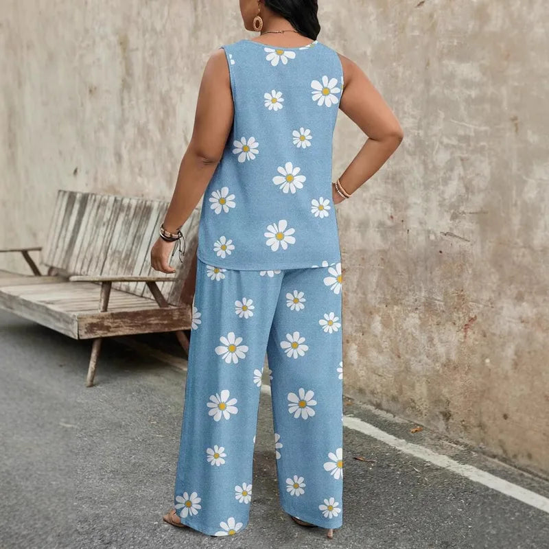 Casual Daisy Print Wide-Leg Pants Set