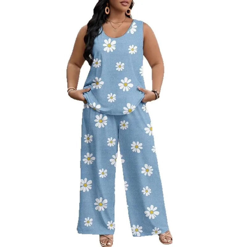 Casual Daisy Print Wide-Leg Pants Set