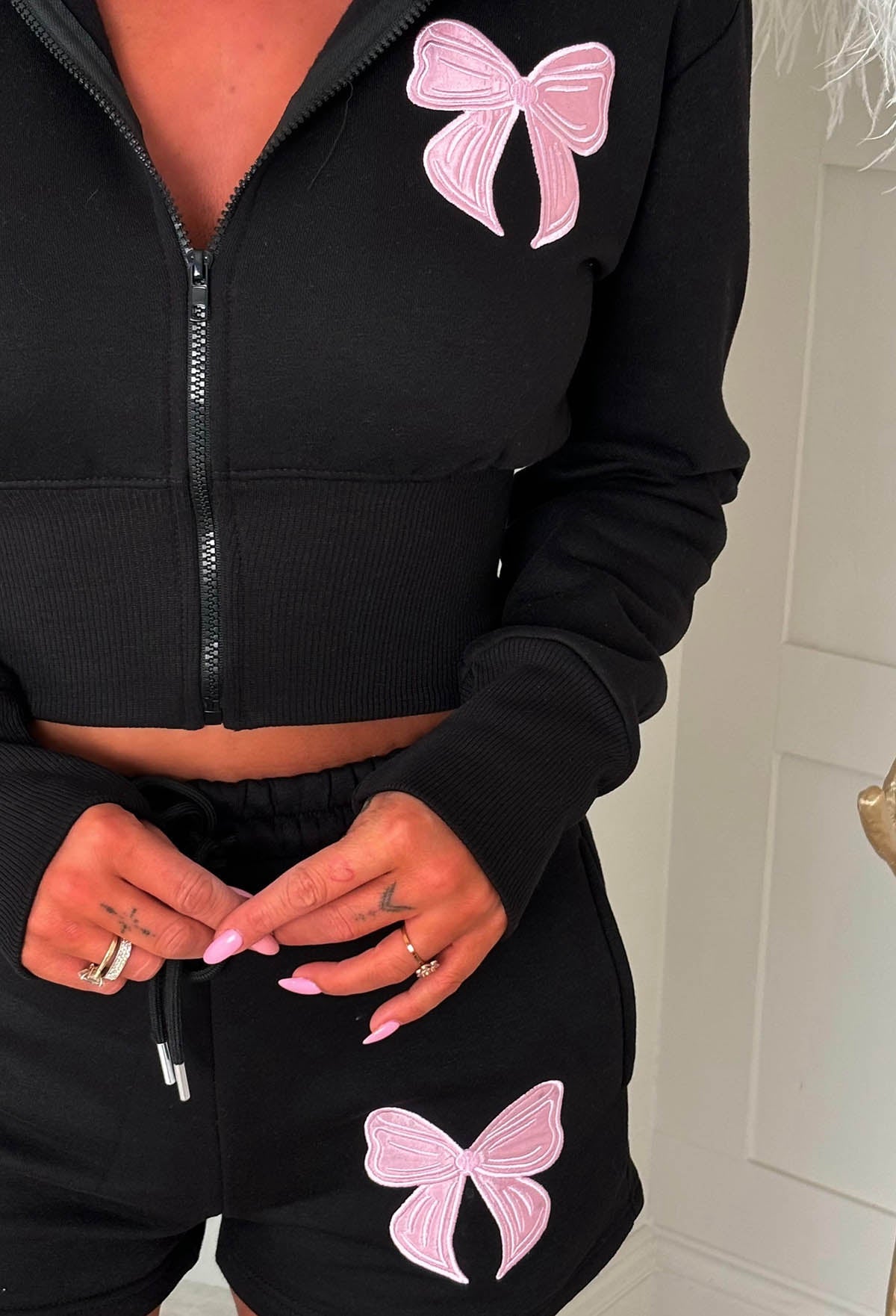 RIBBON KISS BLACK BOW CROPPED HOODIE AND SHORTS LOUNGEWEAR SET