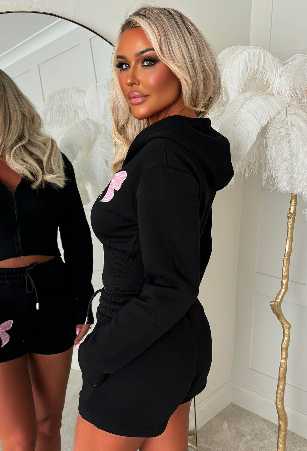 RIBBON KISS BLACK BOW CROPPED HOODIE AND SHORTS LOUNGEWEAR SET