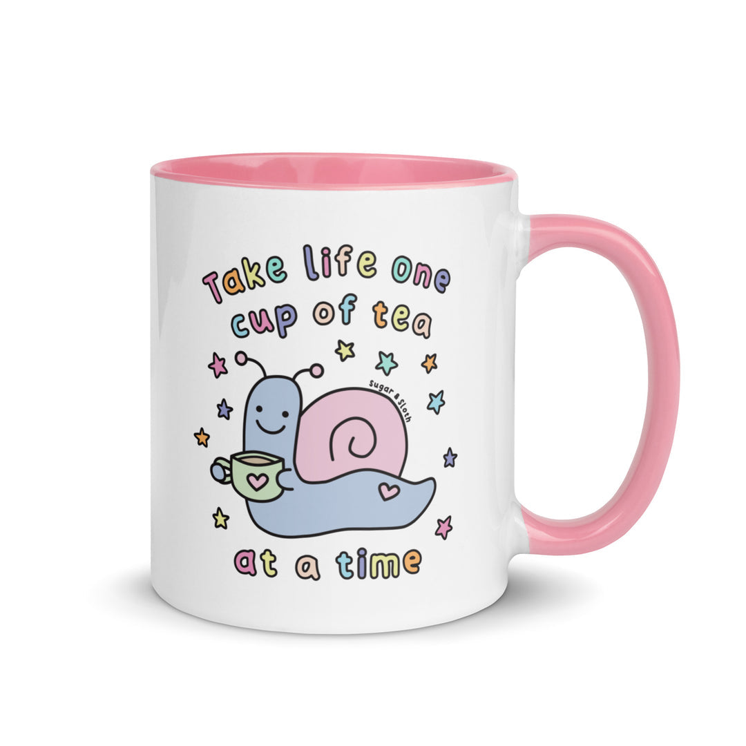 Take Life One Cup of Tea at a Time Ceramic Mug with Coloured Handle