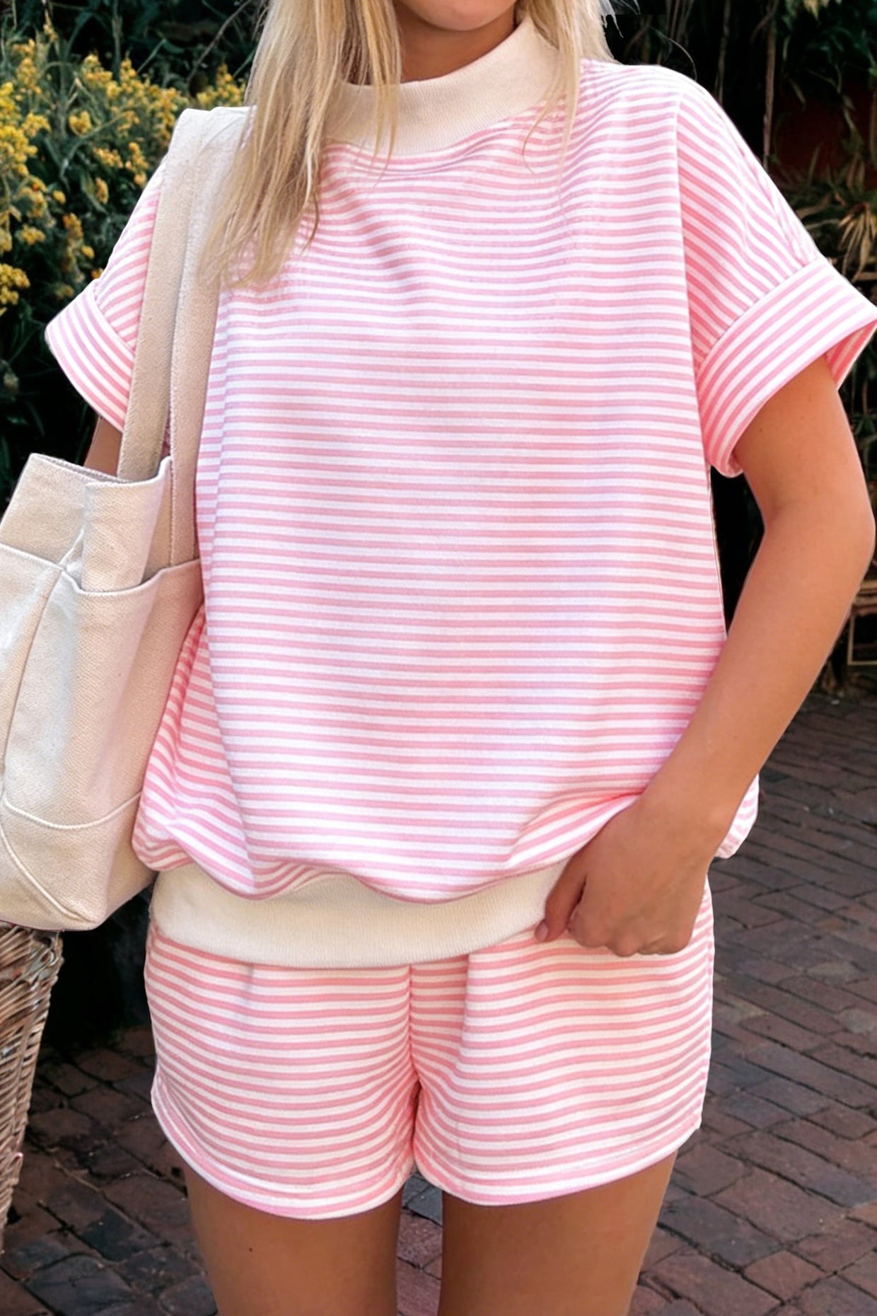 Stripe Cuffed Sleeve Contrast Mock Neck Tee Casual Co-ord Short Set