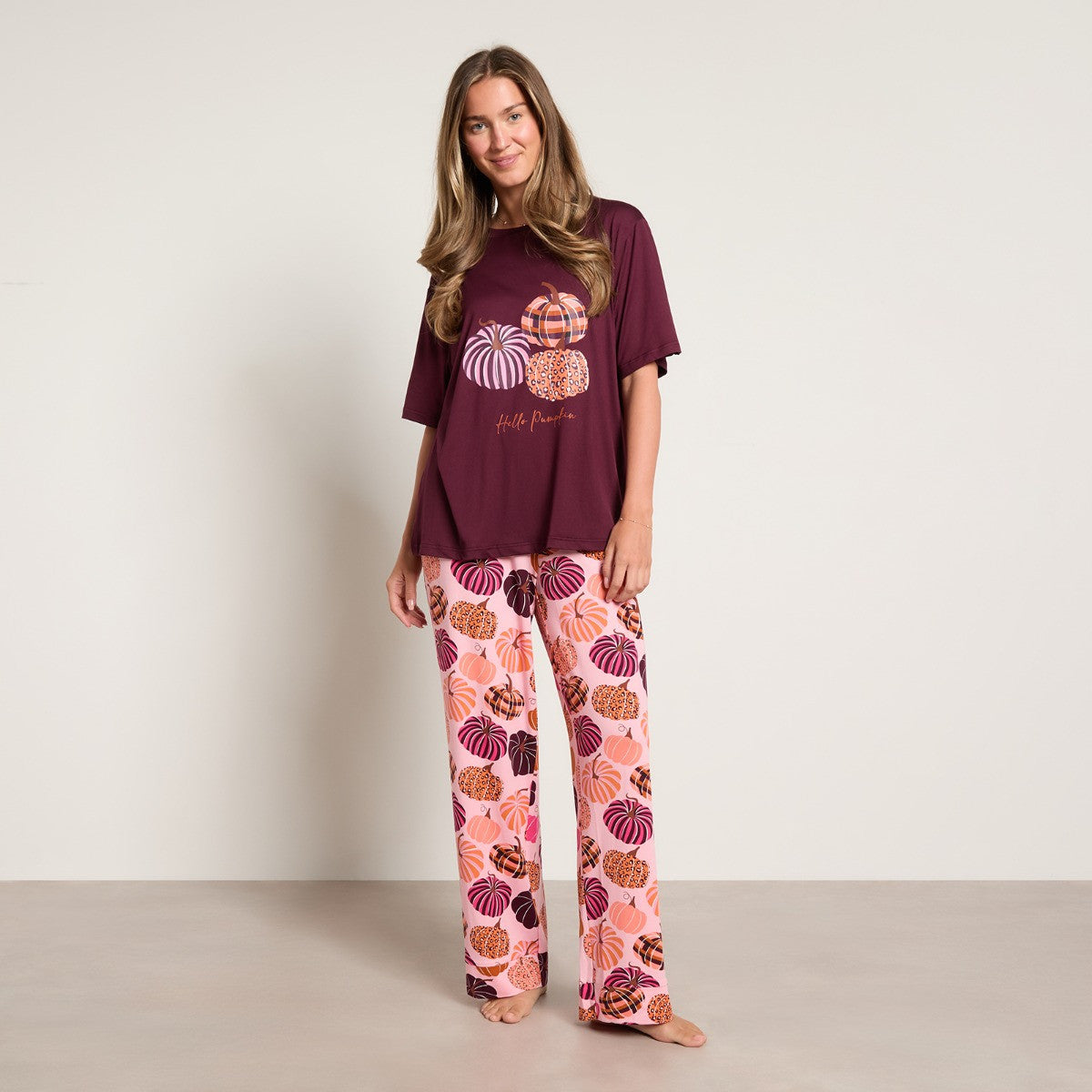 Patterned Pumpkin Print T-Shirt Pyjama Set - Multi