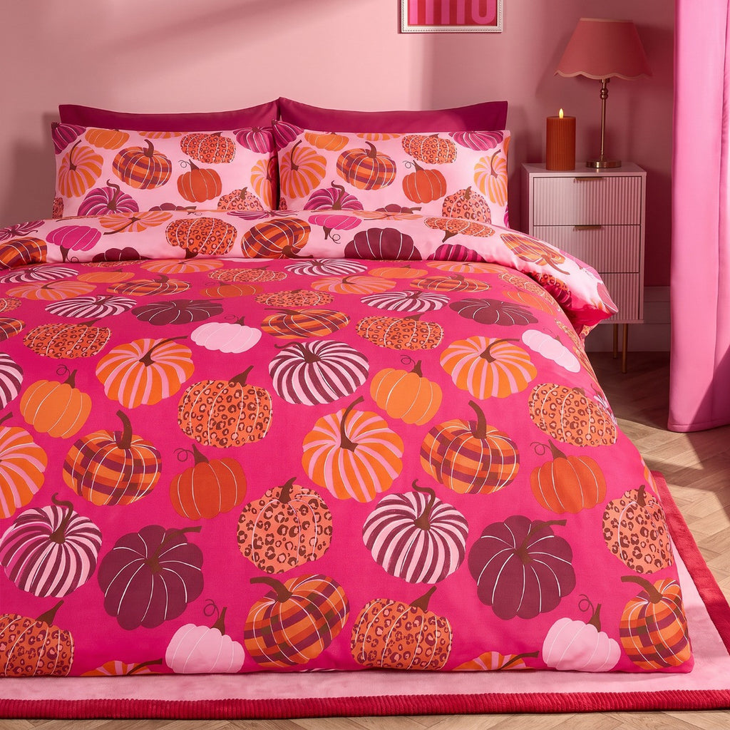 Pumpkin Print Reversible Duvet Cover Set - Hot Pink