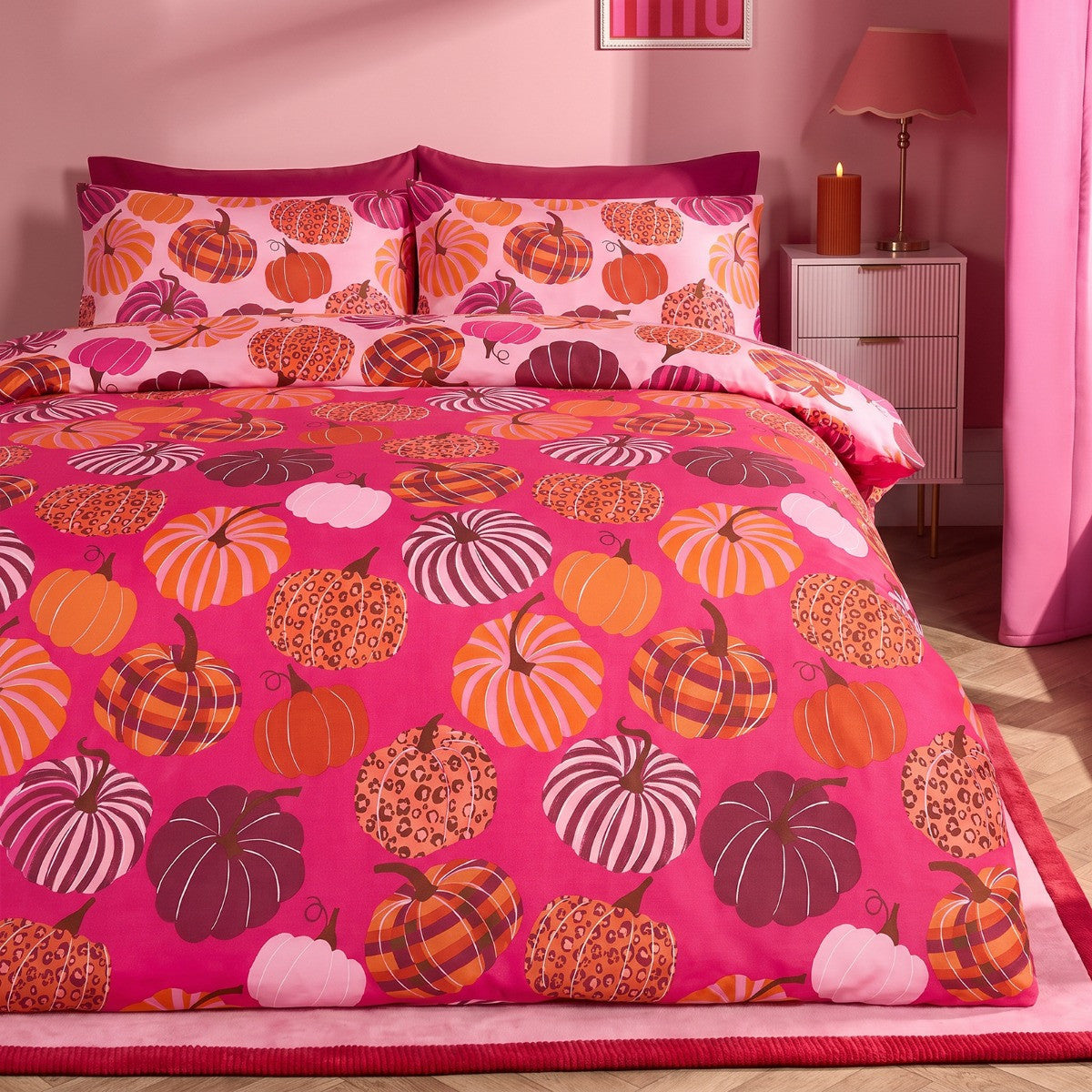 Pumpkin Print Reversible Duvet Cover Set - Hot Pink