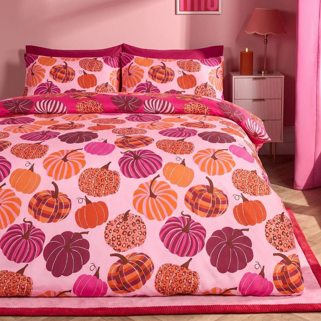 Pumpkin Print Reversible Duvet Cover Set - Hot Pink