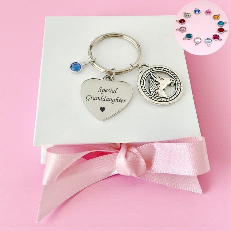 Birthstone and Horse Keyring with Engraving